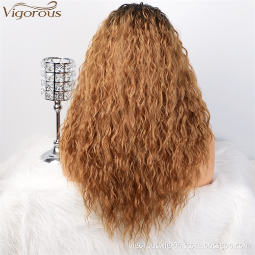 Vigorous Synthetic Long Curly Wavy Wig Ombre Middle Part Water Wave Wig Black Root to Blonde Wig for Women